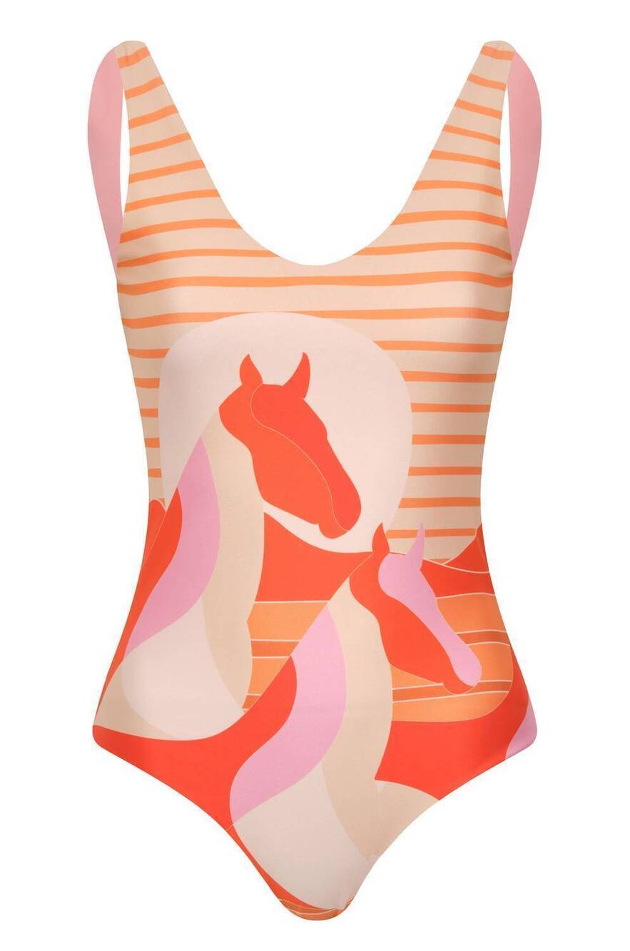 NEW JUAN DE DIOS women's olympic open back one piece swimsuit in orange horses